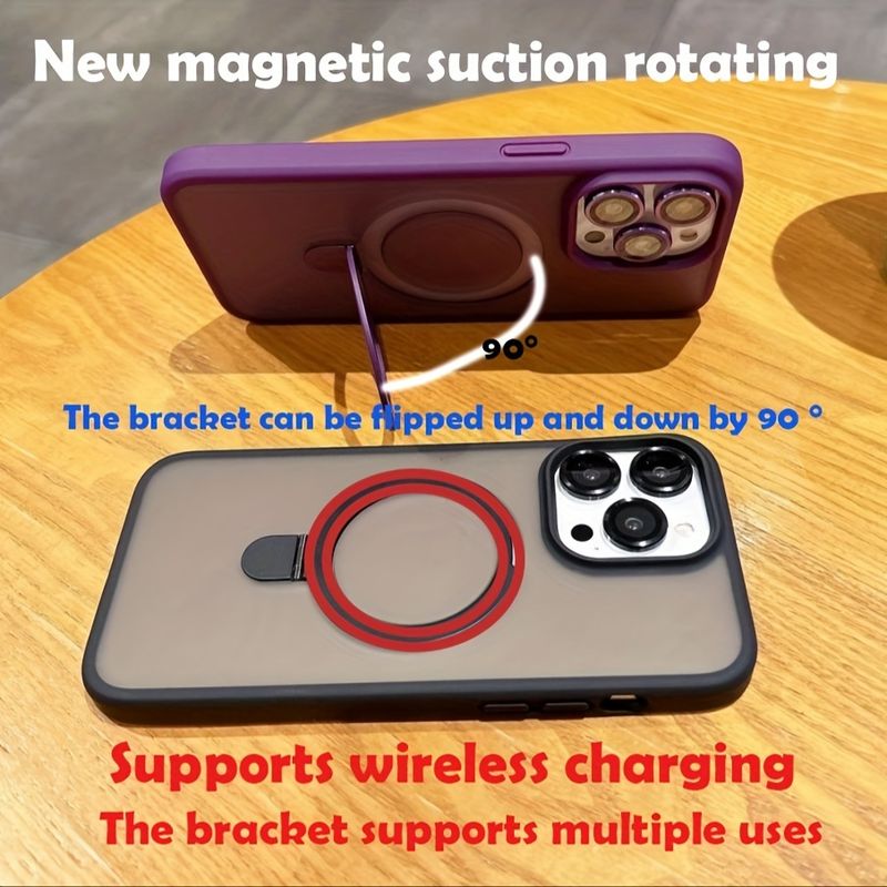 Neviditelný magnetický stojánek pro 11, 12, 13, 14, 15Pro Max/Plus, nárazuvzdorný matný průsvitný tenký kryt na telefon se stojánkem a ochranou objektivu fotoaparátu_voghion.com