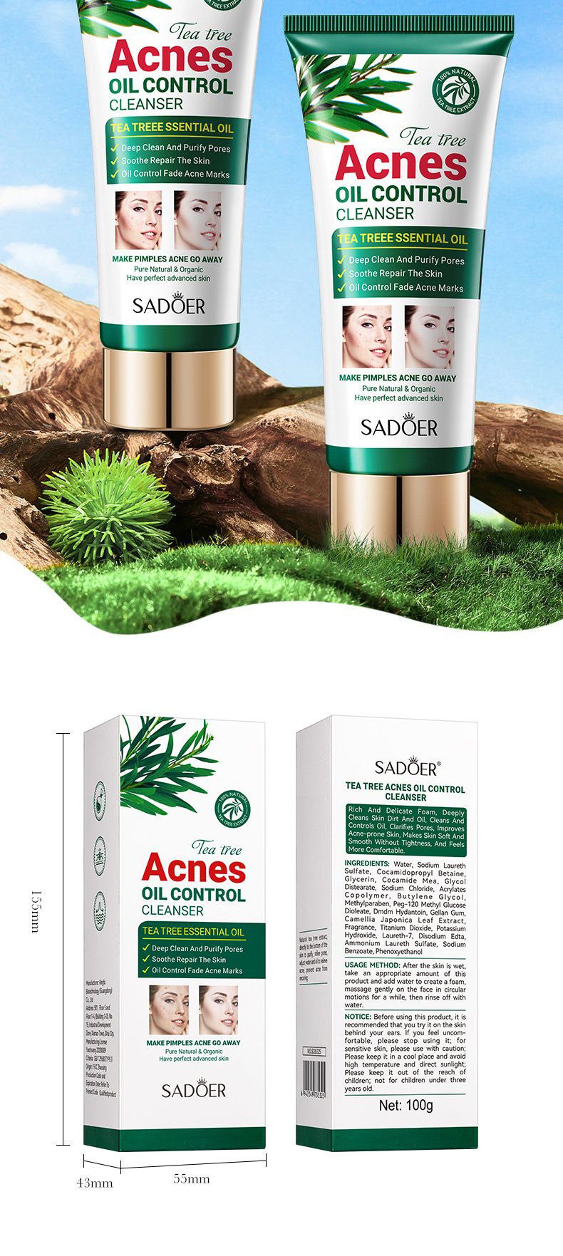 Kit per la cura della pelle SADOER Tea Tree Acne and Oil Control da sei pezzi, detergente detergente delicato per la rimozione dell'acne e detergente viso per studenti_voghion.com
