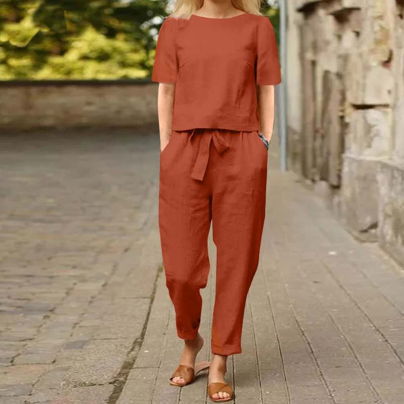 Sommeranzug aus Baumwolle und Leinen für Damen, halbärmeliges, übergroßes Überziehhemd mit O-Ausschnitt, Hosenset mit weitem Bein, Heimkleidung_voghion.com