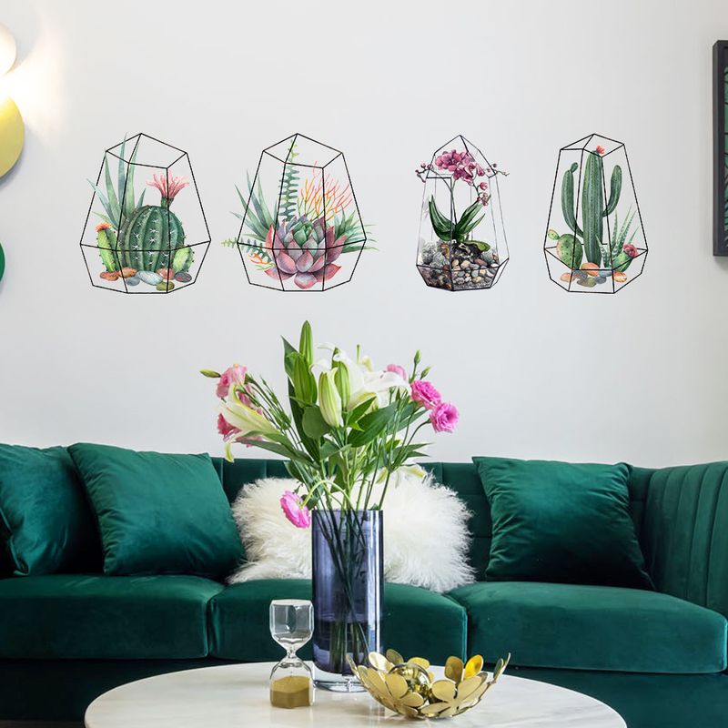 4pcs green plant cactus self-adhesive PVC CH81394 cage flower living wall sticker_voghion.com