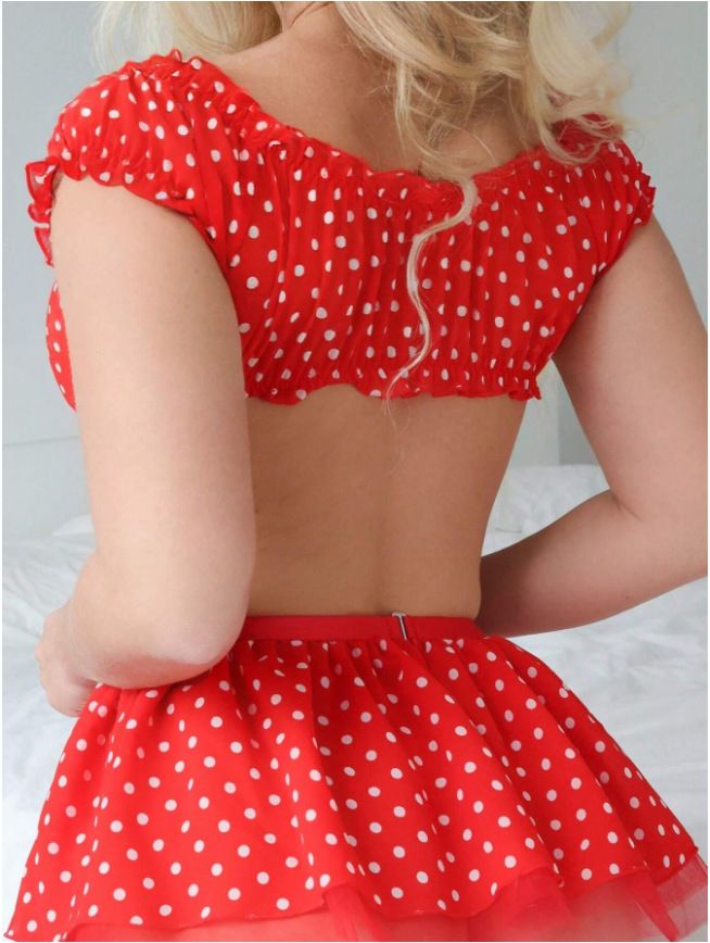 New Sexy Two-Piece Off-Shoulder Short Dress Polka Dot Mesh Lingerie Set_voghion.com
