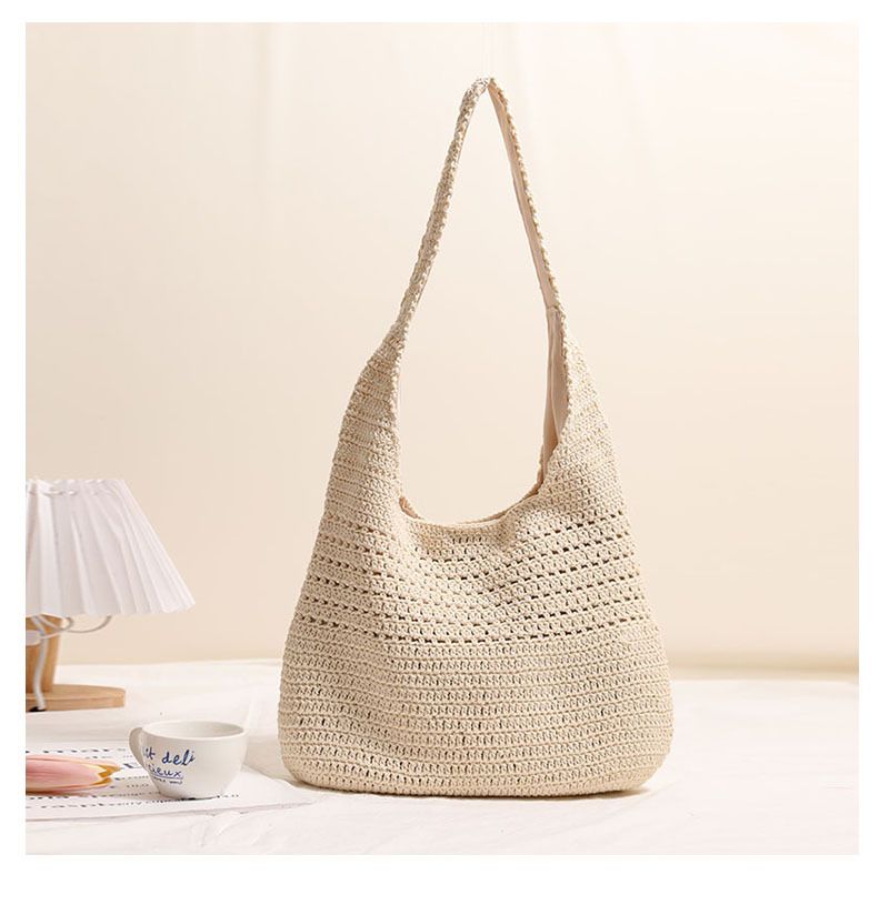 Borsa di paglia Borsa intrecciata Semplice Grande capacità Borsa intrecciata in cotone Borsa a tracolla cava da donna Borsa da spiaggia per le vacanze Borsa di paglia alla moda_voghion.com