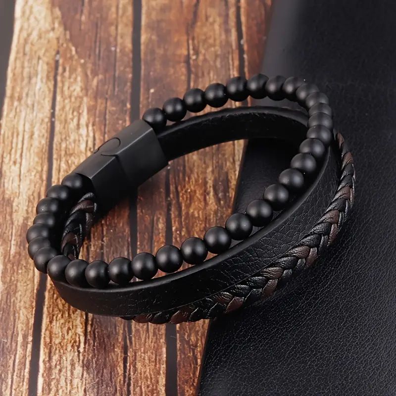 Heißer Verkauf Natur Vulkanstein Mehrschichtiges Herren Leder Gewebtes Armband_voghion.com