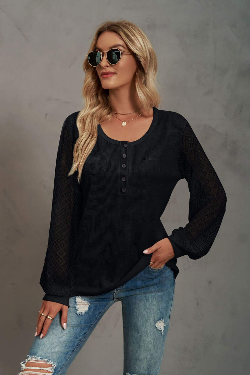Women's Clothing Casual Waffle Grace Panel Long Sleeve Button T-shirt Top_voghion.com