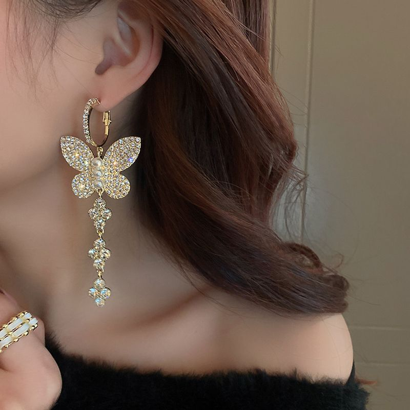 Yamaler 1 paio di ganci da donna, squisite perle d'imitazione, brillanti, con strass, a forma di farfalle, orecchini pendenti, gioielli femminili_voghion.com