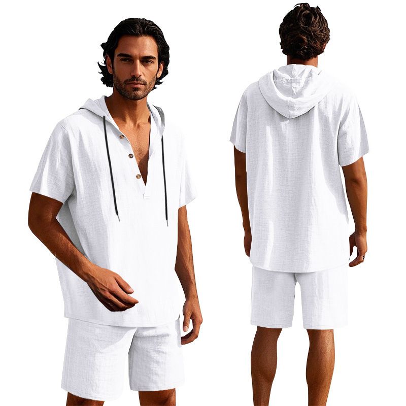 Completo da uomo in lino con camicia e pantaloncini - Completo casual estivo da spiaggia a maniche corte con vestibilità ampia_voghion.com