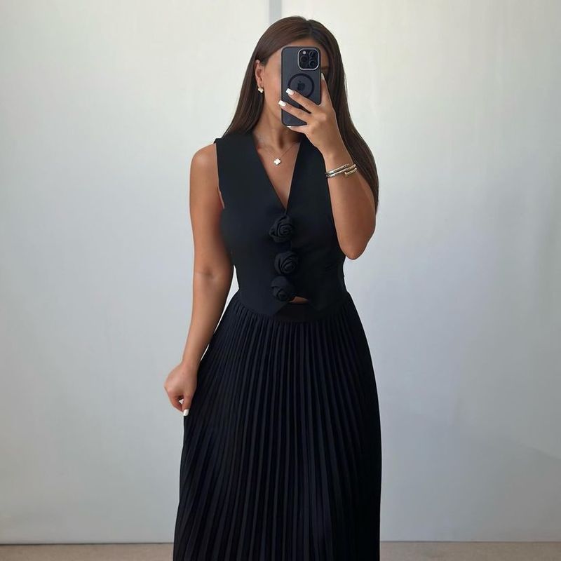 Damenbekleidung, neue Anzüge für Damen, Sommer, ärmellose Weste, halblanger, plissierter langer Rock, zweiteiliger Anzug_voghion.com