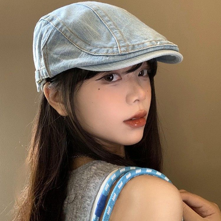 2025 Neue gewaschene Denim-Cap für Damen, vielseitig für Sommer und Herbst, großer Kopfumfang, gesichtsschlank machend,_voghion.com