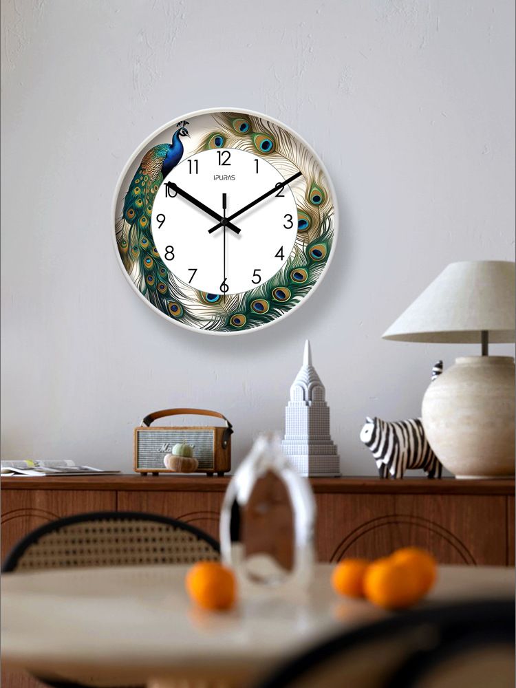 Yipula 7005 Living Room Creative Nordic Chinese Style Minimalist Silent New Round Wall Clock Peacock_voghion.com