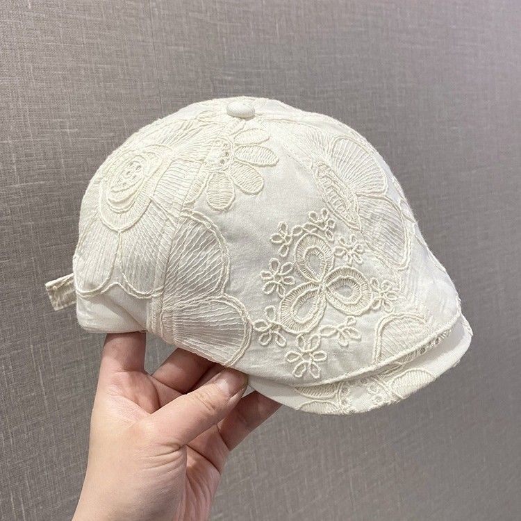 Thin Embroidered Flower Forward Cap For Women, Spring And Summer New Versatile Face-Slimming Duckbill Beret, Breathable_voghion.com
