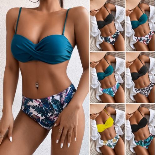 Dámské oblečení, sexy bikiny s květinovým vzorem a vysokým pasem, s pevným lemováním a šněrováním_voghion.com