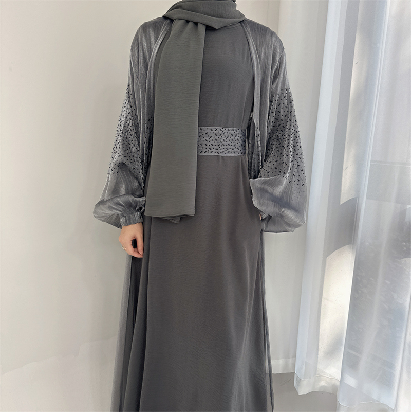 Women’s Clothing Muslim Fashion Dubai Daily Solid Color Puff Sleeve Sleeve Robe Cardigan_voghion.com