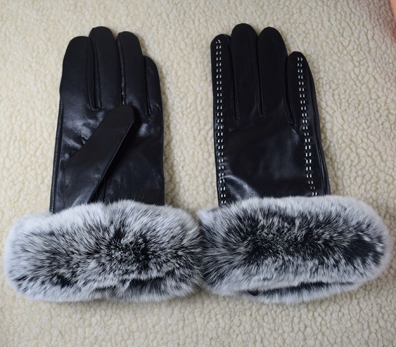 Hebei Genuine Leather For Women Winter Fleece-Lined Fingerless Touchscreen Rabbit Fur Double-Line Handmade Sheepskin_voghion.com