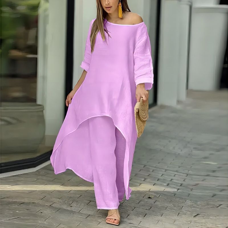 Vêtements pour femmes en coton et lin mode décontracté grande taille costume irrégulier à manches longues pantalon large costume deux pièces_voghion.com