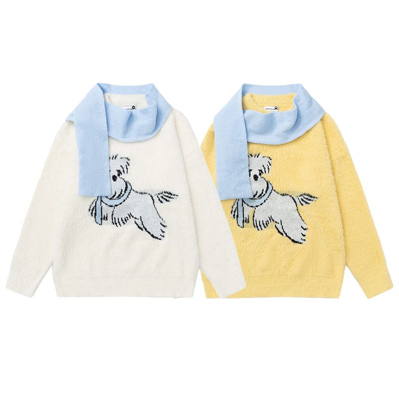 American Lazy Style Round Neck For Men And Women, Autumn Cute Dog Loose Pullover Couple Knitted Sweater_voghion.com