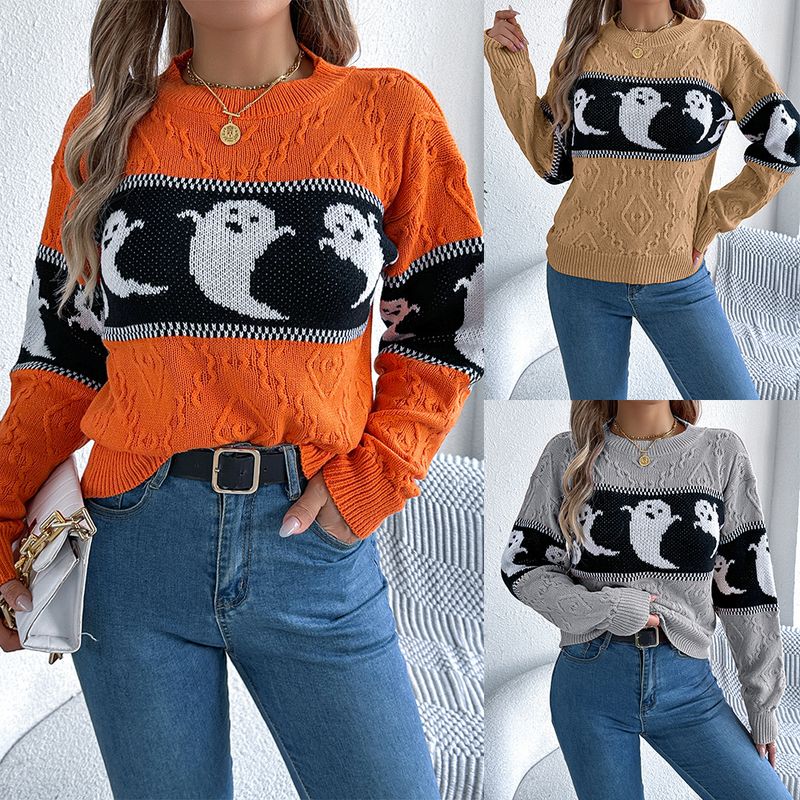 Halloween-themed Ghost Contrasting Long-sleeved Pullover, Women's Clothing_voghion.com