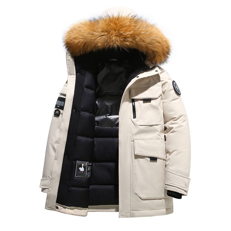 Giacca da sci Maxbarley da uomo, invernale, bianca, con cappuccio e collo in pelliccia, parka di lusso, spessa e calda, con ricamo, in piuma d'anatra al 90%_voghion.com