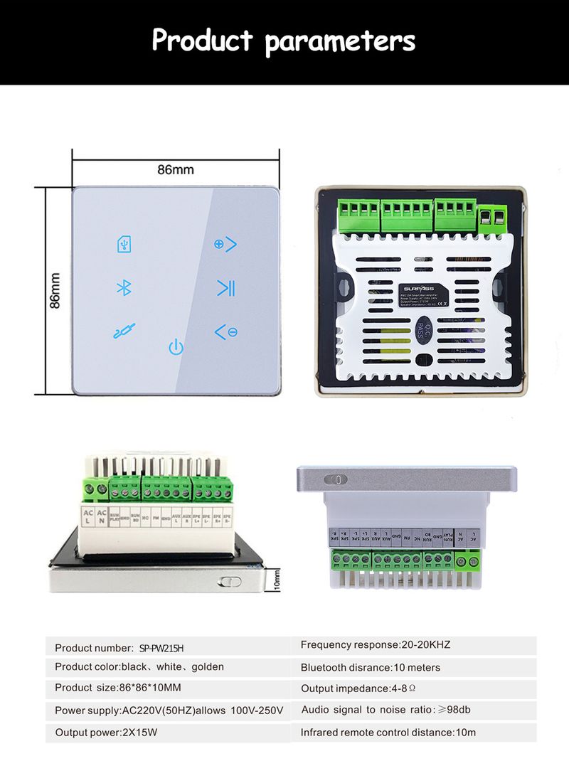 Smart Home Background Music System 2x15W Blue-tooth Mini Touch Key In Wall Amplifier Support USB/SD Card Stereo Sound_voghion.com