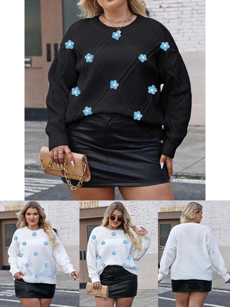 Women's Oversized Casual Sweater With Diamond Grid Pattern & 3D Crochet Floral Applique, Loose Fit Pullover Top In Black/White (Blue Flowers)_voghion.com