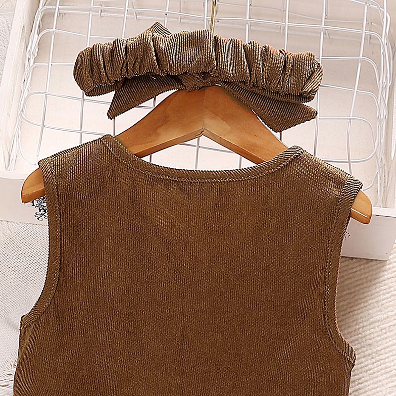 Kids 4-7 Years Brown Sleeveless + Corduroy Headband For Stylish Girls Korean Style Dress_voghion.com