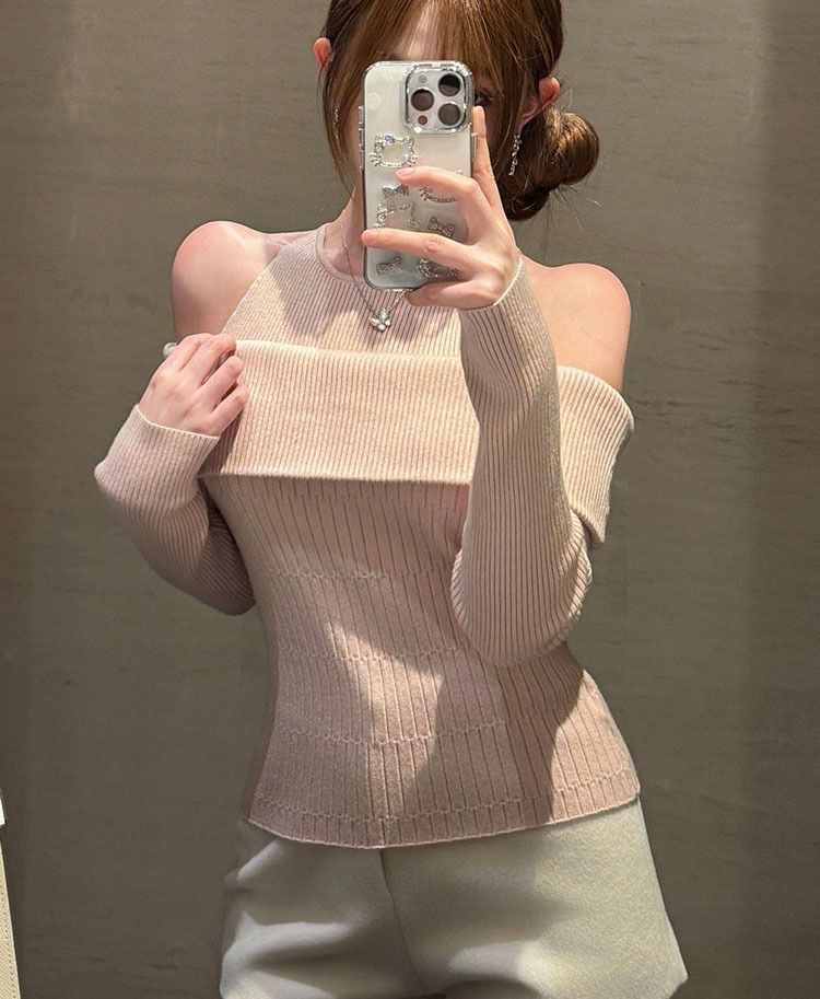 Maglia a coste con spalle scoperte, girocollo, vestibilità attillata, corta, per donna, in due pezzi, per primavera e autunno_voghion.com