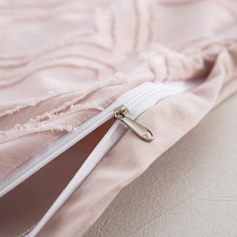 Hellrosa geometrisches Jacquard-Bettbezug-Set – 3-teilige Flanellbettwäsche mit floralem Cut-Out-Design_voghion.com