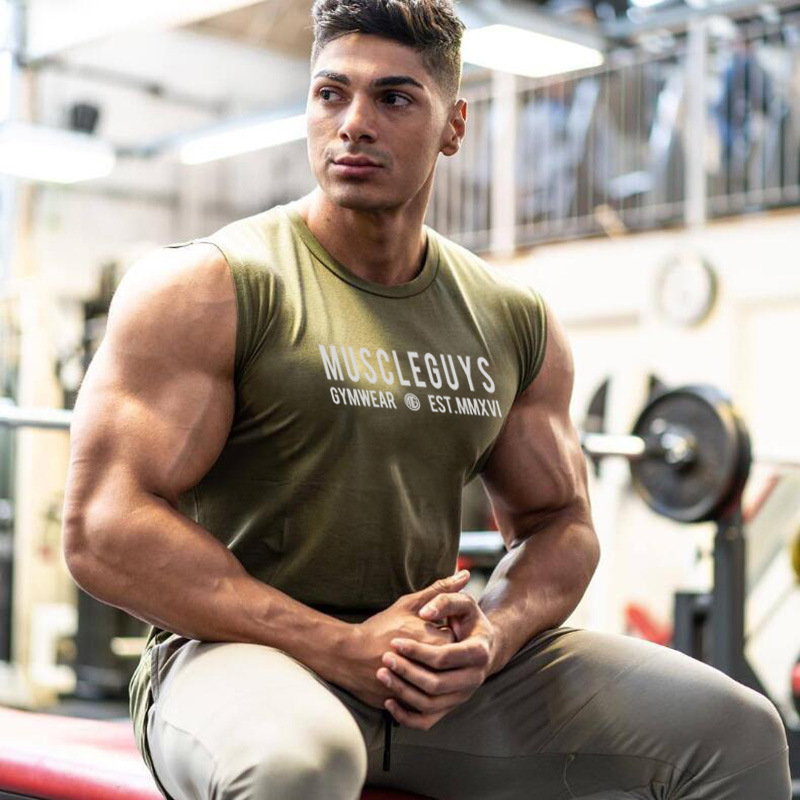Letter printed bodybuilding and muscle building men's sports tank top tight sleeveless t-shirt Gym tank top_voghion.com