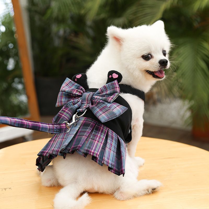 Checkered Dog Dress, Bow Tie, Leash, Summer Outfit Set For Rabbit, Cat, Training And Walking Clothes By PawParty Store_voghion.com