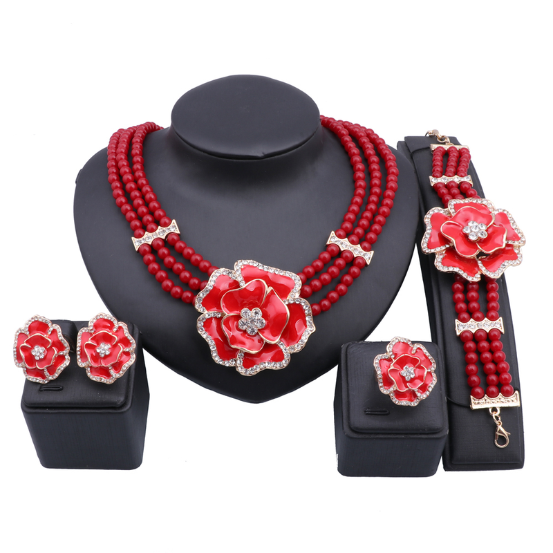 Donne Dubai color oro cristallo imitazione perla perline africane collana bracciale orecchino anello set di gioielli sauditi da sposa_voghion.com
