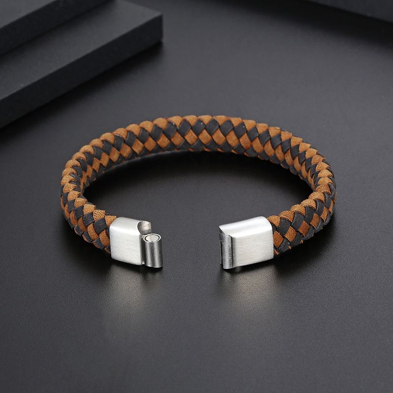 IMI Men's Stylish Braided Titanium Steel Magnetic Bracelet With Colorful Leather Accents - Trendy Unisex Cuff For Casual & Fashion Wear_voghion.com