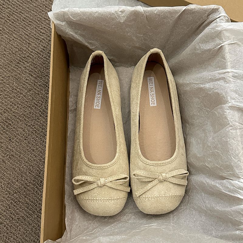 Retro Ballet Flat-soled Red Light-mouth Single Shoes Women's Suede Gentle Soft-soled Doudou Shoes One-pedal Ladyshoes_voghion.com