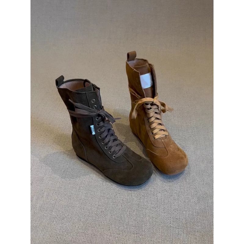 In Stock~ Height-Increasing Boxing Boots For Women, Retro Flat Martin Round-Toe Lace-Up Slimming Short Boots, Canvas_voghion.com
