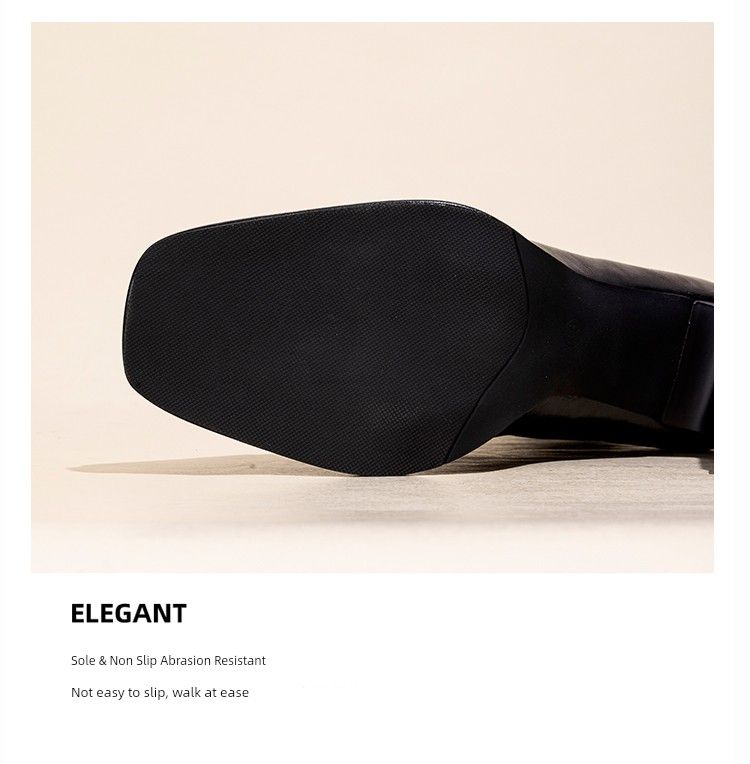 Genuine Leather Black Short For Women 2024 New Arrival Fall And Winter Small Ankle Square Toe Chunky High Heel Thin_voghion.com