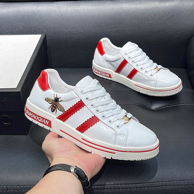 Fuguchi Little Bee Sneakers Embroidered Genuine Leather Luxury Brand High-end White Men's Trendy Shoes_voghion.com