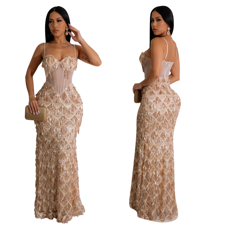Women's Solid Color Sequin Sexy Suspender Long Skirt Dress_voghion.com