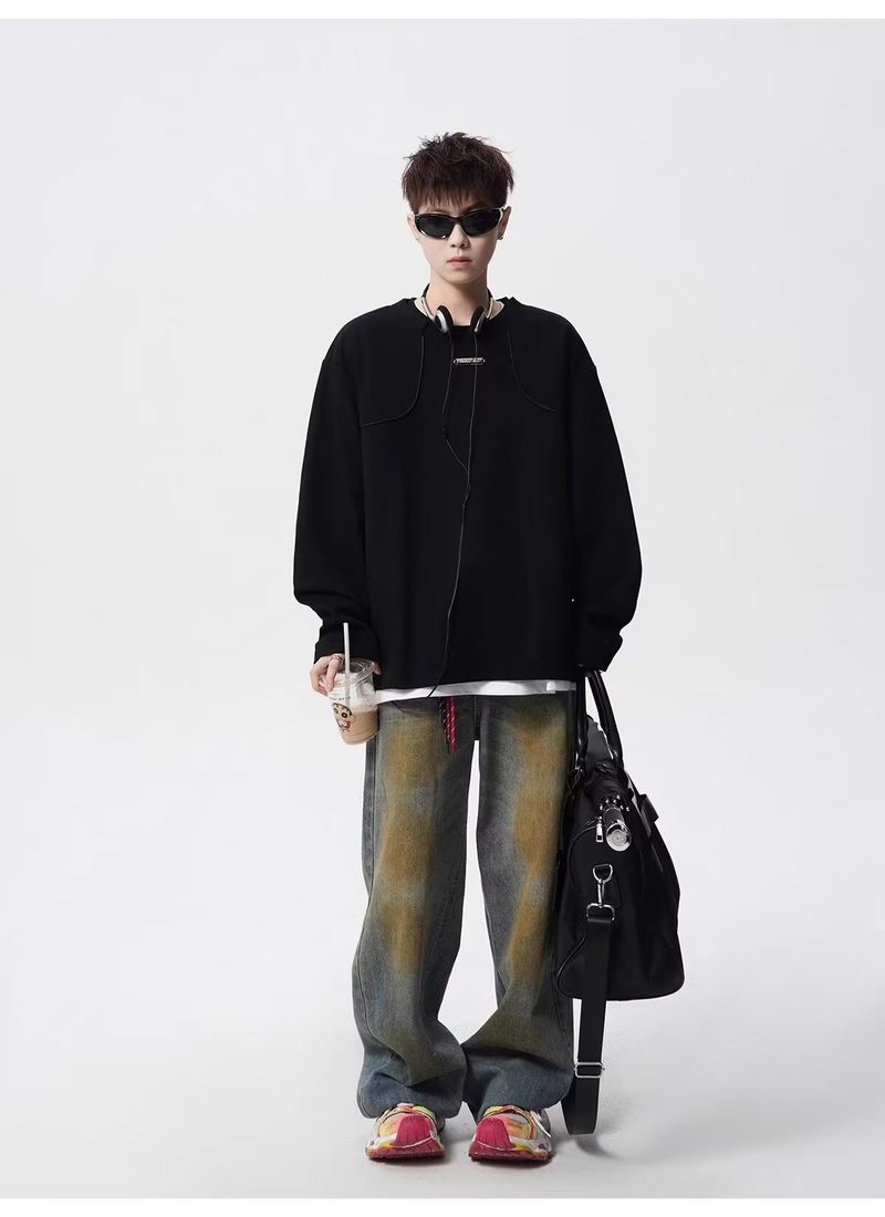 Maglietta a maniche lunghe alla moda con colletto alla coreana per uomo, stile americano, stile primavera e autunno, comoda e casual, strato di base_voghion.com