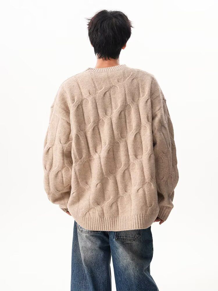 Herren-Strickpullover mit Zopfmuster, lässiger Pullover, Rundhalsausschnitt, lange Ärmel, lockere Passform, bequem, atmungsaktiv, für den Alltag (Grau, Khaki)_voghion.com