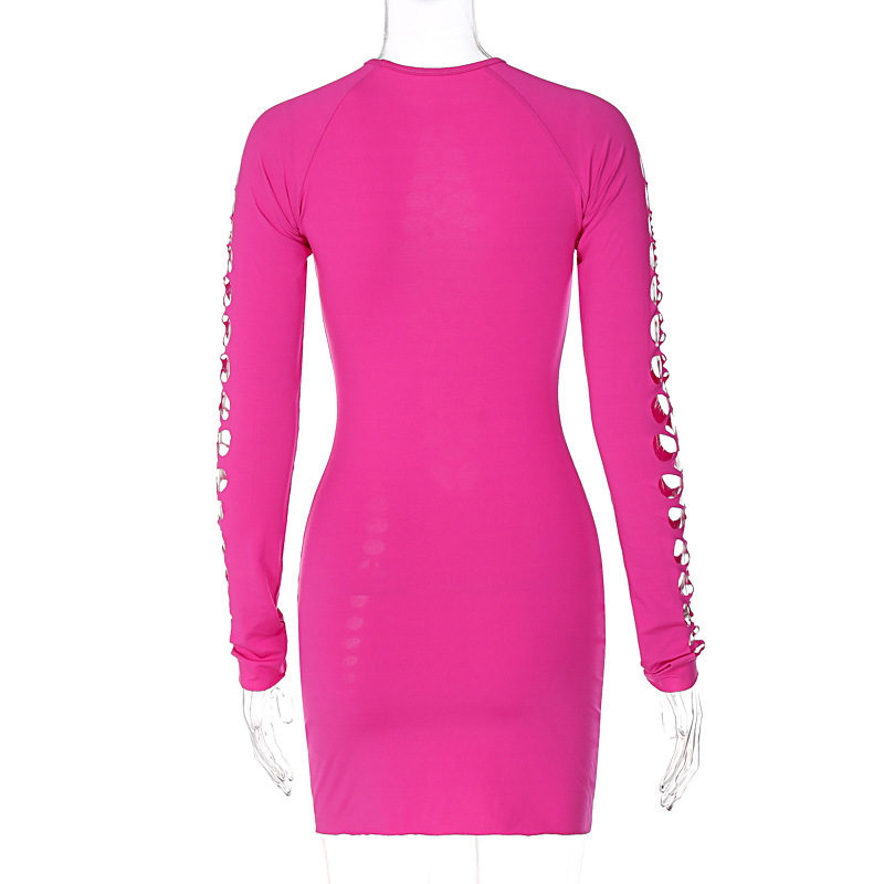 Abito corto da donna in tinta unita sexy a maniche lunghe con scollo rotondo_voghion.com