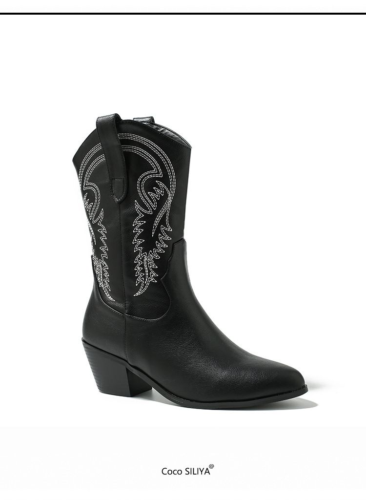 Vintage Pink Cowboy Boots For Women - Pointed Toe Embroidered Mid-Calf Boots With Chunky Heel (Wide Width Available)_voghion.com