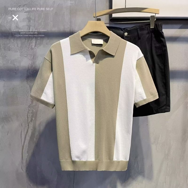 Polo da uomo in seta ghiacciata con risvolto, a maniche corte, a righe, in tinta unita, traspirante, fresco, sottile, a mezza manica_voghion.com