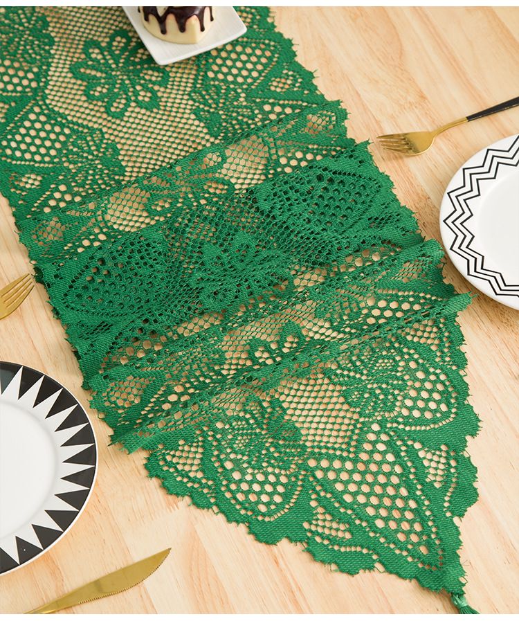 Camino de mesa de encaje rústico francés con ribete de borlas bohemias blancas, lino tejido vintage para decorar mesas de comedor y de centro, estilo rústico chic._voghion.com