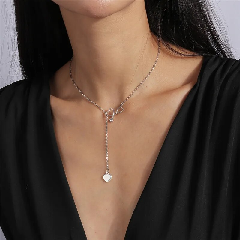 Collana stetoscopio alla moda, nuova alla moda, ciondolo a forma di cuore color argento, collana medica occidentale_voghion.com