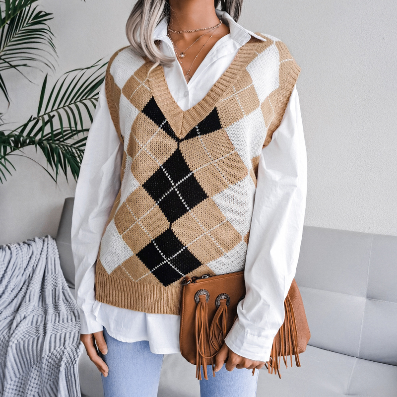 Vêtements pour femmes automne et hiver style collégial losange col en v décontracté gilet tricoté ample pull vêtements pour femmes_voghion.com