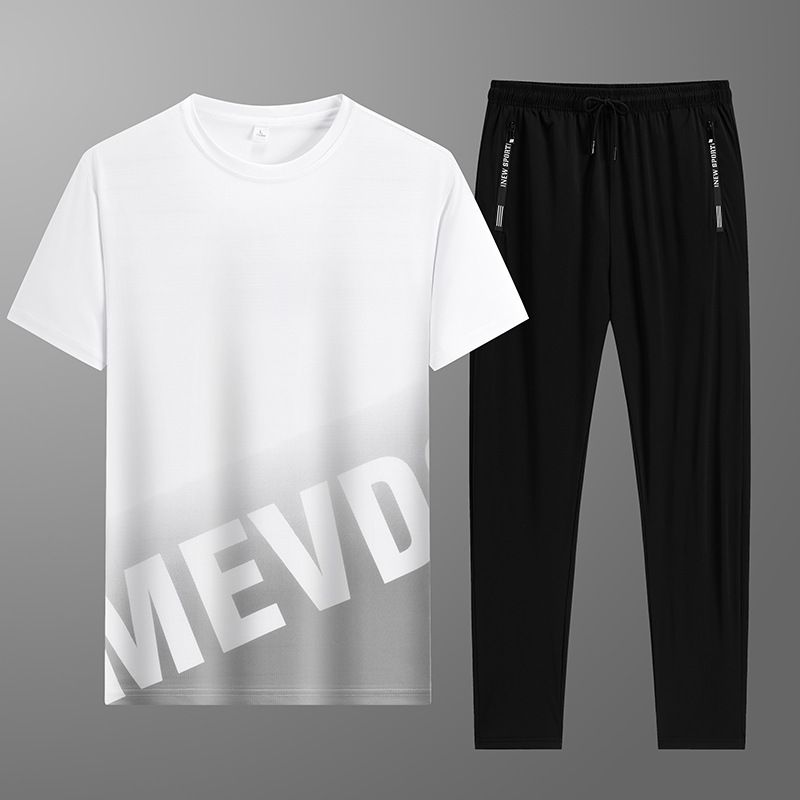 CT Summer Three-Piece Set Ice Silk Long Pants Casual Youth Sports Suit Men's Short Sleeve T-Shirt Shorts Trendy_voghion.com