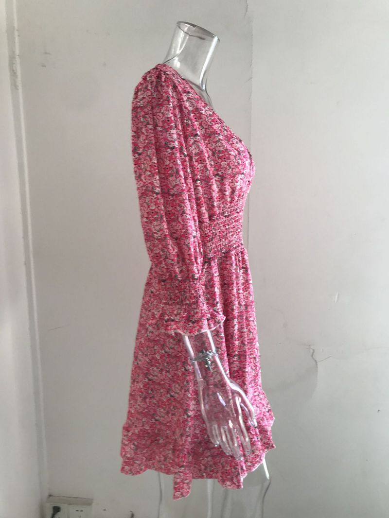 Damenbekleidung Mittellanges Kleid mit Taillenpullover, böhmisches, bedrucktes, kurzärmliges, fragmentiertes Blumenkleid_voghion.com