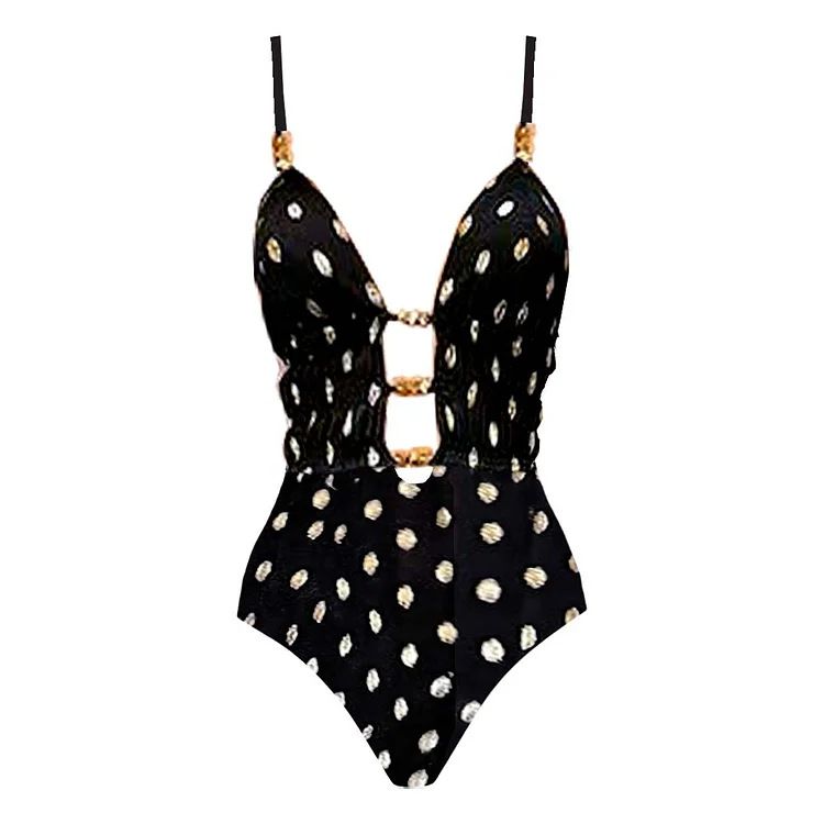 2025 Deep V Design Wave Dot Print Einteiliger Badeanzug-Set für Damen 25316_voghion.com