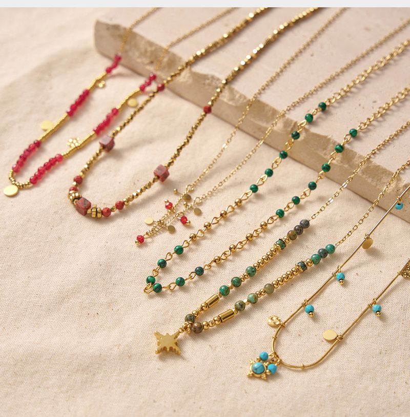 Colar feminino de aço inoxidável com contas de cristal de verão feito à mão, corrente retrô francesa para clavícula_voghion.com
