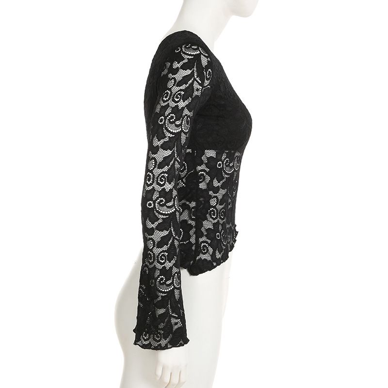 Women's Oblique Shoulder Lace Long Sleeved T Shirt Female Early Spring New Temperament Solid Color Perspective Black Bottoming Shirt Top_voghion.com