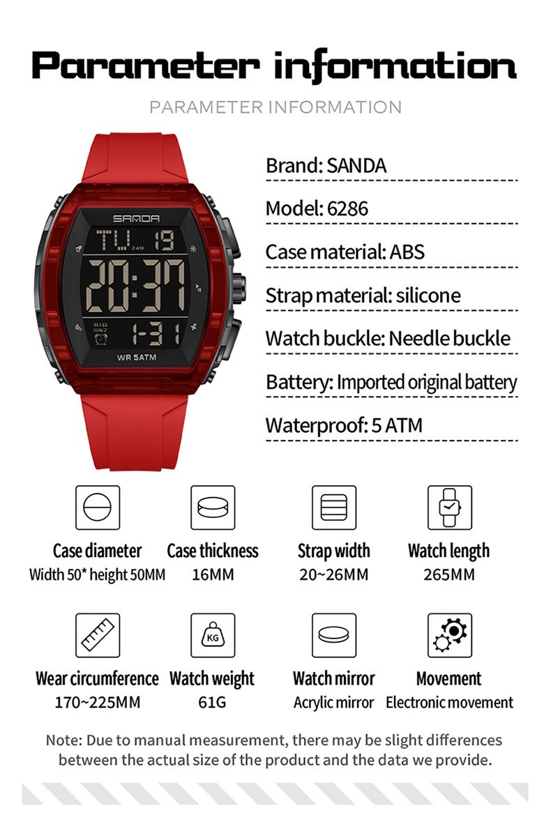 Digital Watch With Alarm, Stopwatch, Waterproof 50m, Large Barrel-Shaped Dial, LED Display, Light Luxury Sport Watch For Students And Adults_voghion.com