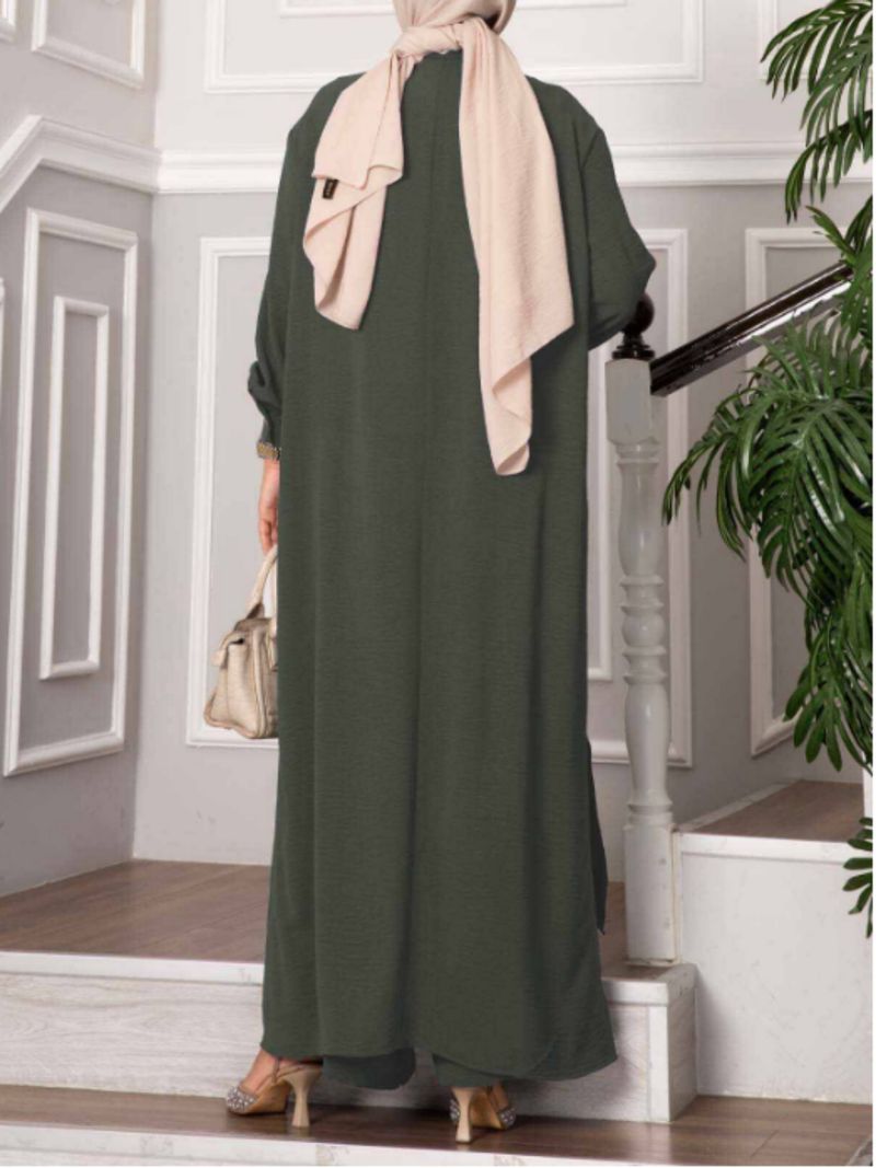 Großhandel: Asymmetrisches muslimisches Maxikleid – Knopfdetail und Glockenärmel | Schlichtes, locker sitzendes Lagenkleid (Armeegrün und Khaki)_voghion.com